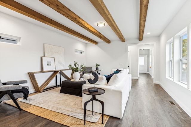 living room with hardwood / wood-style flooring and beam ceiling