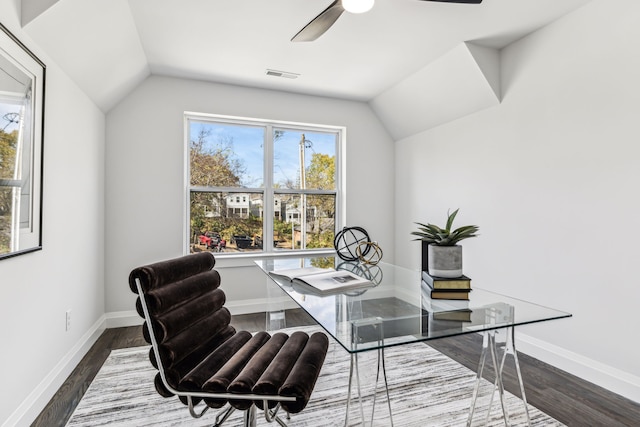 office featuring hardwood / wood-style floors, lofted ceiling, and ceiling fan