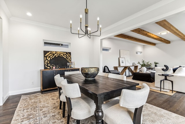 dining room with beamed ceiling, dark hardwood / wood-style floors, and crown molding