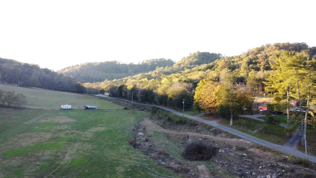 drone / aerial view featuring a mountain view and a rural view