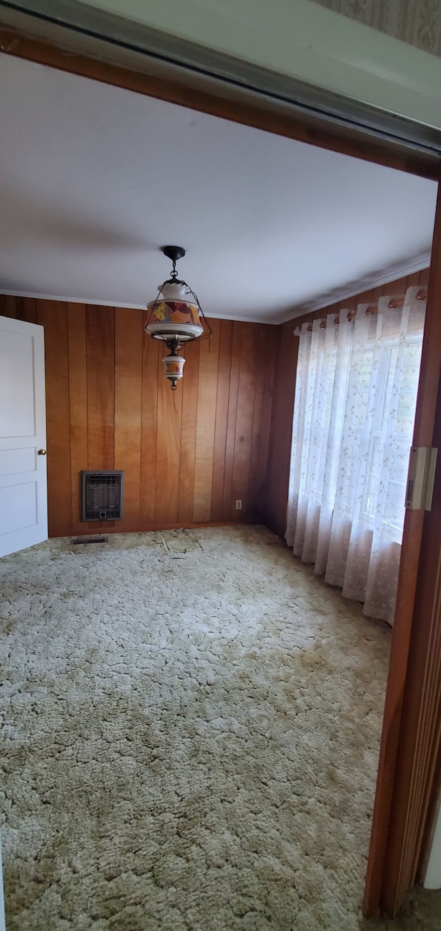 interior space with carpet flooring, heating unit, and wood walls