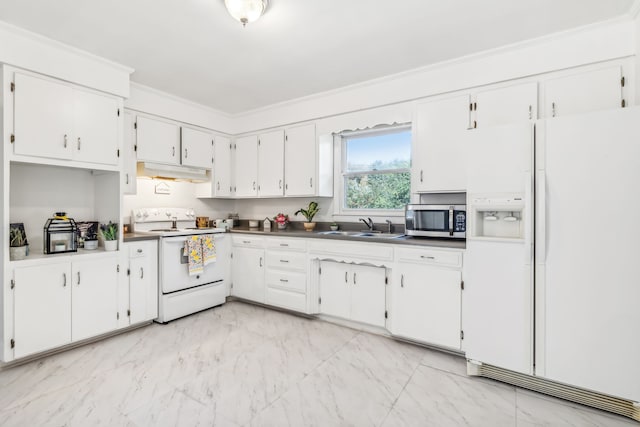 kitchen featuring white cabinetry, white appliances, sink, and crown molding