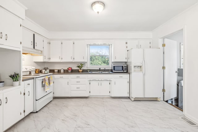 kitchen with white cabinets, ornamental molding, sink, and white appliances