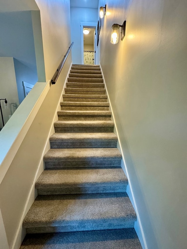 stairs featuring carpet flooring