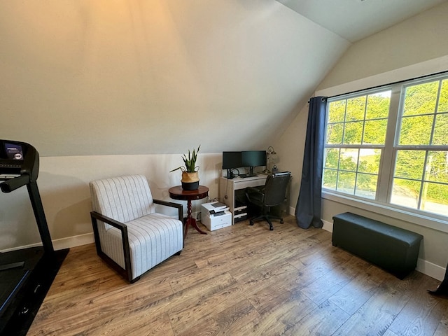 office featuring vaulted ceiling and hardwood / wood-style floors