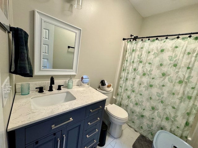 bathroom with toilet, vanity, and a shower with shower curtain