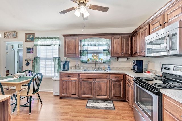 kitchen with ceiling fan, stainless steel appliances, sink, and light wood-type flooring