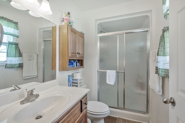 bathroom with vanity, toilet, wood-type flooring, and a shower with door