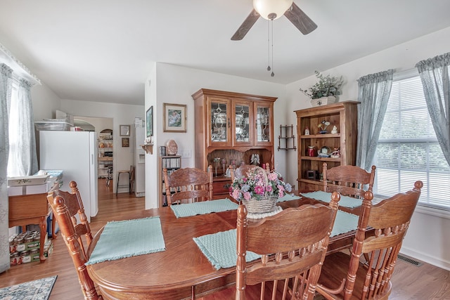 dining room featuring light hardwood / wood-style floors and ceiling fan