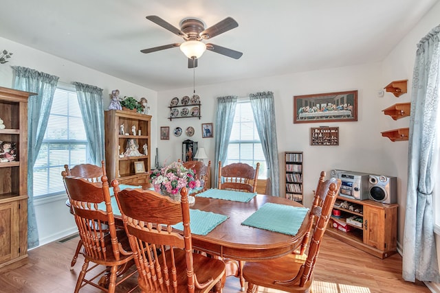 dining space featuring light hardwood / wood-style floors and ceiling fan