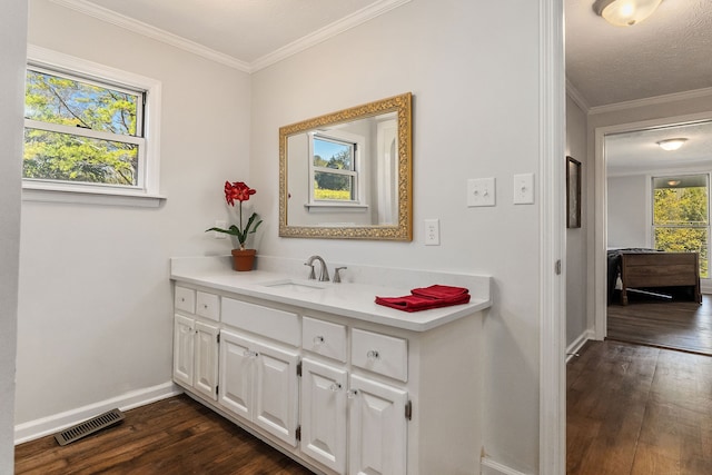 bathroom with vanity, crown molding, wood-type flooring, and a textured ceiling