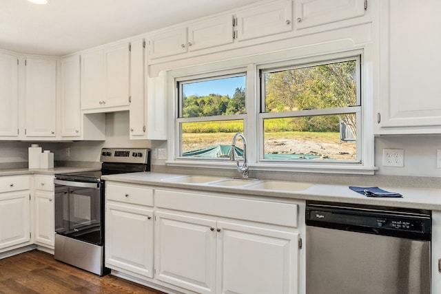 kitchen featuring appliances with stainless steel finishes, white cabinetry, sink, and dark hardwood / wood-style floors