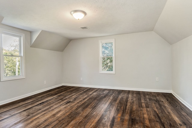 additional living space featuring a healthy amount of sunlight, lofted ceiling, and dark hardwood / wood-style flooring