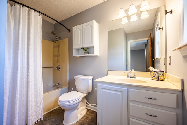 full bathroom with toilet, a textured ceiling, vanity, and shower / bathtub combination with curtain