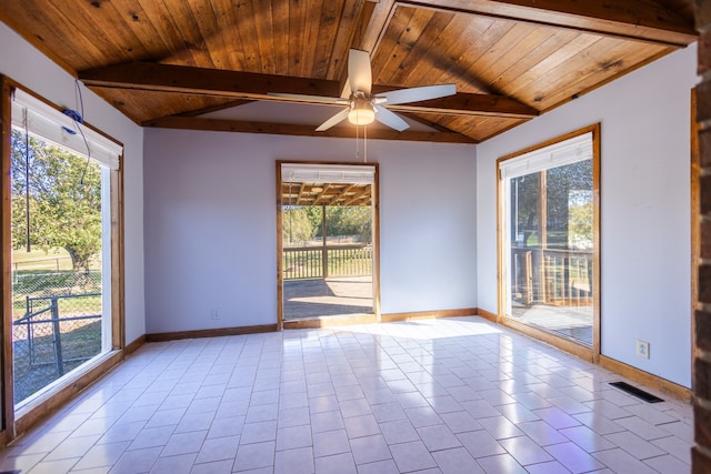 tiled spare room featuring lofted ceiling with beams, wood ceiling, and ceiling fan