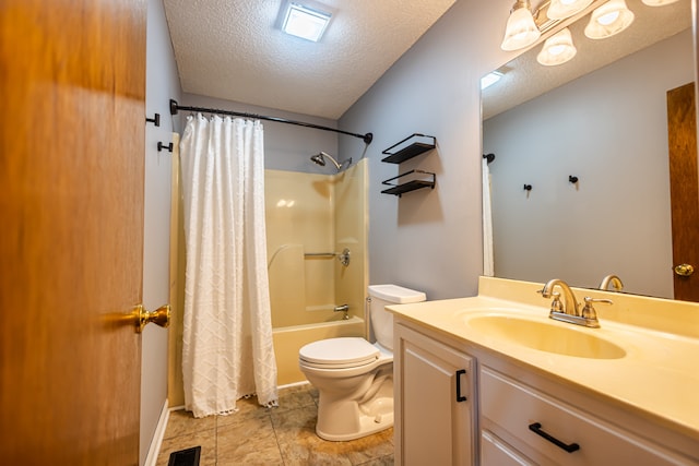 full bathroom featuring vanity, toilet, a textured ceiling, and shower / bathtub combination with curtain