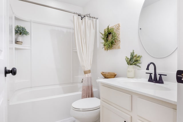 full bathroom with vanity, toilet, and shower / bathtub combination with curtain