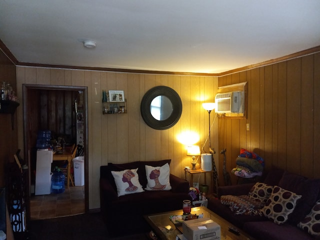 living room featuring wooden walls and a wall unit AC