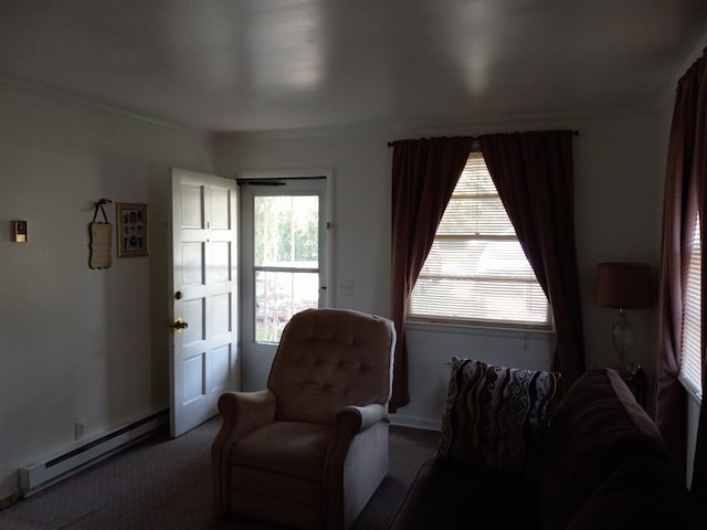 living area featuring crown molding, a baseboard heating unit, and carpet flooring