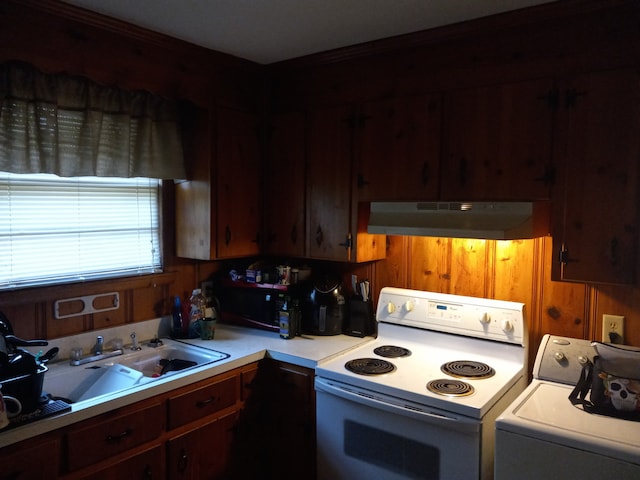 kitchen featuring sink and white range with electric cooktop