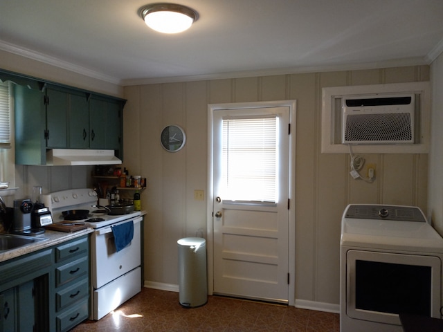 kitchen with washer / dryer, crown molding, white range with electric cooktop, and a wall unit AC