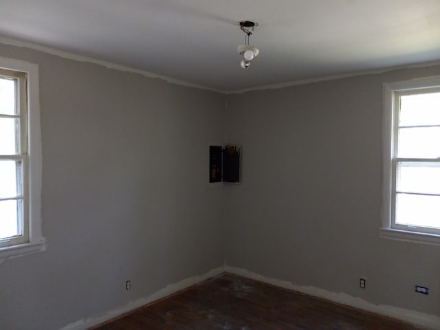 spare room featuring crown molding and dark wood-type flooring