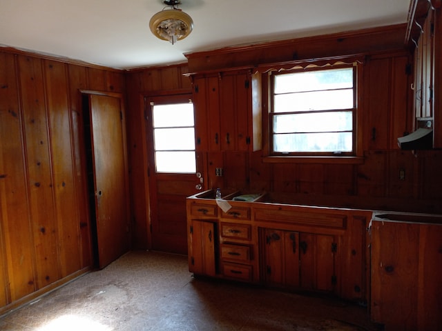 kitchen with a wealth of natural light and wooden walls