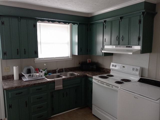 kitchen with electric range, a textured ceiling, dark tile patterned floors, sink, and green cabinets