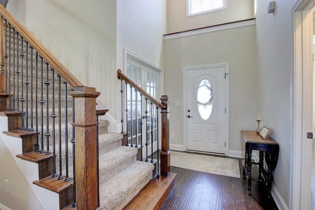 foyer featuring a healthy amount of sunlight, a high ceiling, and dark hardwood / wood-style floors