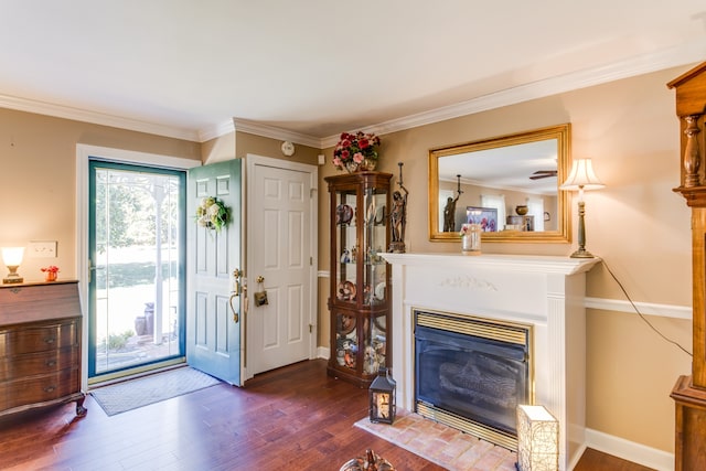 foyer featuring ornamental molding and dark hardwood / wood-style flooring