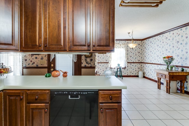 kitchen featuring dishwasher, a textured ceiling, hanging light fixtures, ornamental molding, and light tile patterned floors