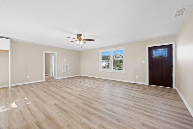 unfurnished living room featuring ceiling fan and light hardwood / wood-style flooring