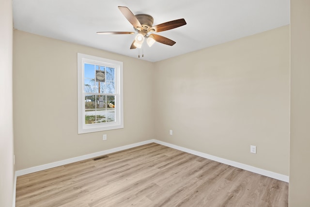 unfurnished room featuring light wood-type flooring and ceiling fan