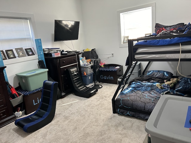 carpeted bedroom featuring multiple windows