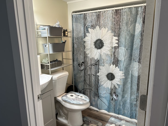 bathroom featuring vanity, a shower with shower curtain, wood-type flooring, and toilet