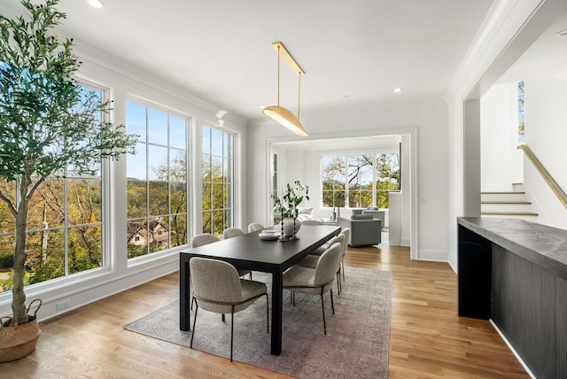 dining space with light hardwood / wood-style floors and crown molding