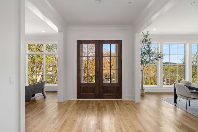 foyer featuring a wealth of natural light, french doors, and light wood-type flooring