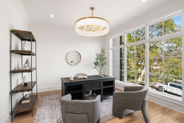 office with ornamental molding, a healthy amount of sunlight, and hardwood / wood-style flooring