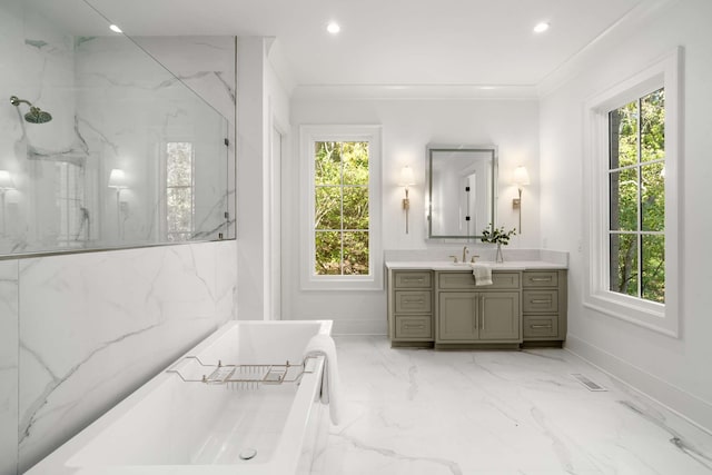 bathroom featuring plenty of natural light, independent shower and bath, crown molding, and vanity