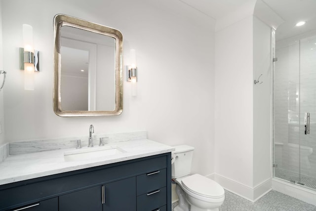 bathroom with tile patterned flooring, vanity, toilet, and walk in shower