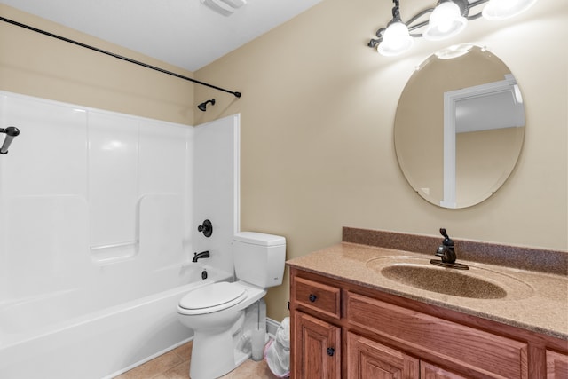 full bathroom with vanity, bathtub / shower combination, toilet, and tile patterned flooring