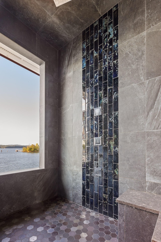 bathroom featuring tile walls and a water view