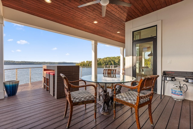 deck featuring a water view and ceiling fan