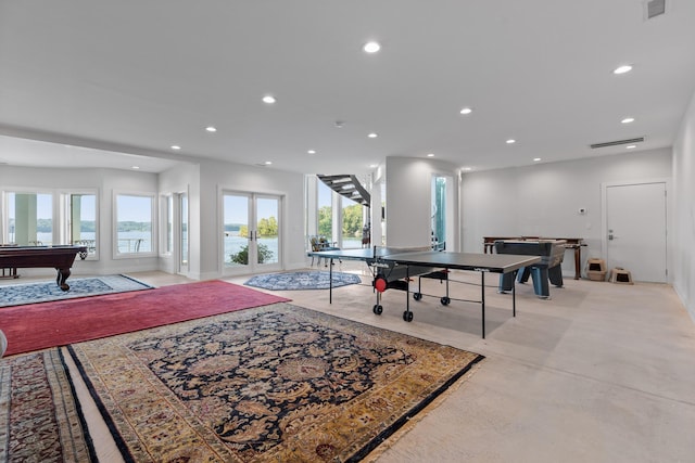 recreation room featuring french doors and billiards