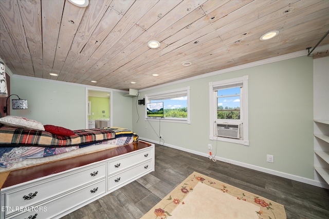 interior space with crown molding, wooden ceiling, dark hardwood / wood-style flooring, and cooling unit