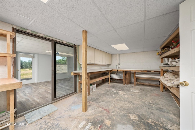 basement with a workshop area and a drop ceiling