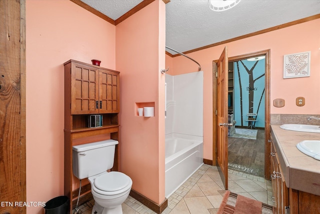 full bath with tile patterned flooring, ornamental molding, toilet, vanity, and tub / shower combination