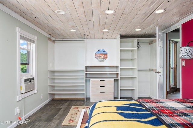 unfurnished bedroom with recessed lighting, wood finished floors, cooling unit, wooden ceiling, and baseboards