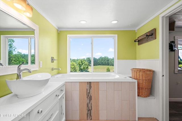 full bath featuring ornamental molding, vanity, a wainscoted wall, and a bath