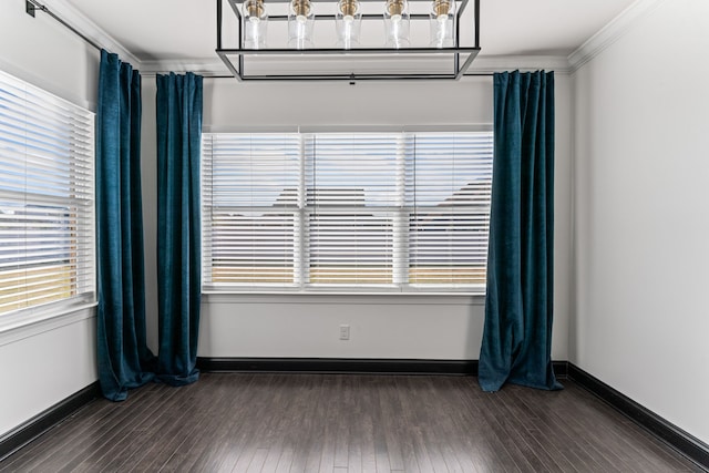 spare room featuring ornamental molding and dark hardwood / wood-style flooring